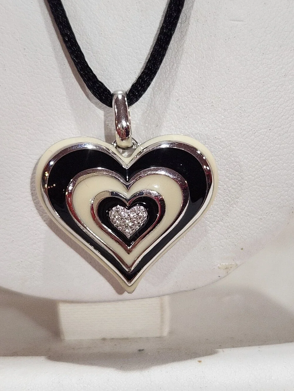 EMA Sterling Silver Enamel Heart Necklace with Silk Cord
